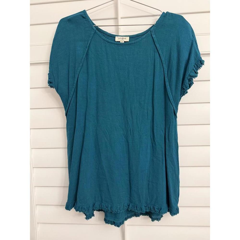 Umgee turquoise blouse with hem fringe size Medium